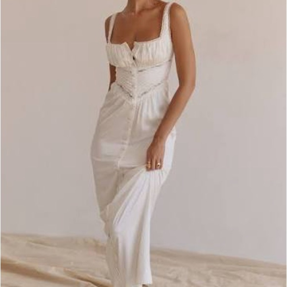 House of CB White Ruched Bodice Button-Front Maxi Dress illiana silk blend xs - Picture 4 of 12